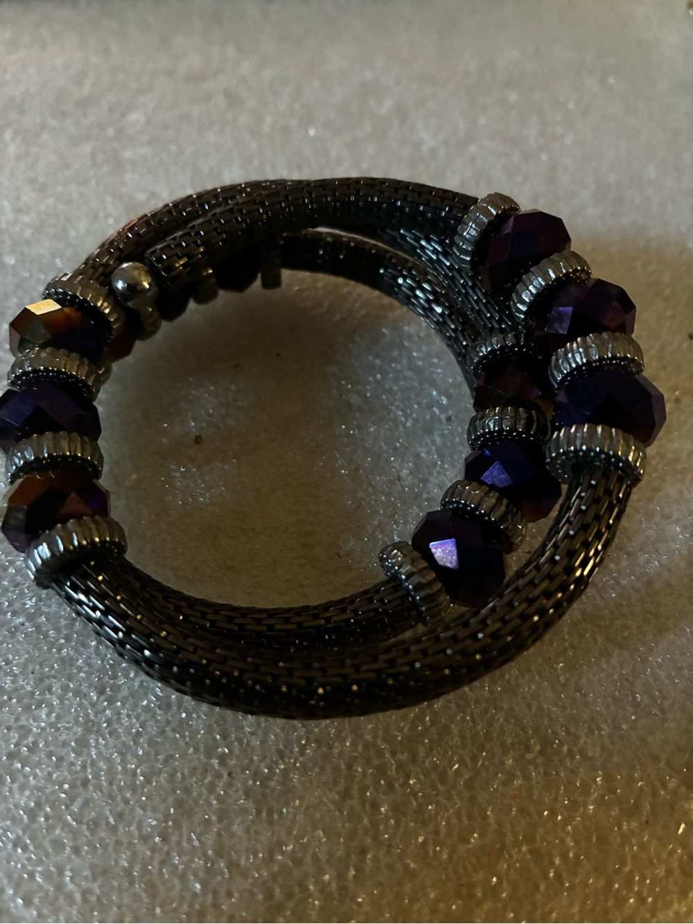 Hematite Coil Bracelet with Purple Faceted crystal Beads